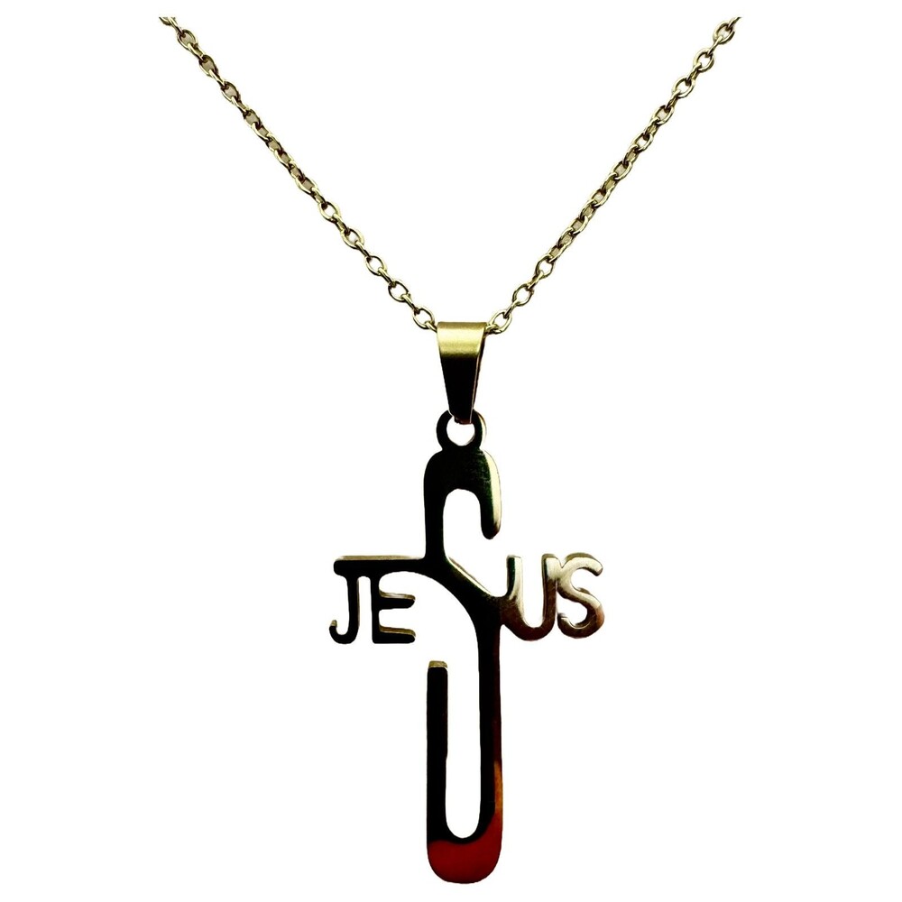 Gold Plated Stainless Steel Jesus Cross Pendant With 20 Inch Gold Necklace